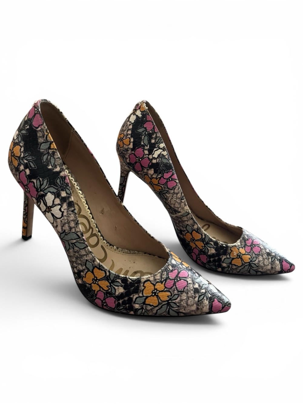 Sam Edelman Floral Lace Pointed-Toe Pumps in Black with Pink & Yellow Flowers